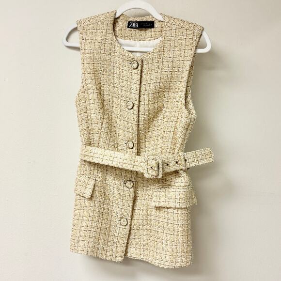 Zara Textured Sleeveless Button Front Vest Waistcoat With Belt Beige Women's M - Picture 3 of 8